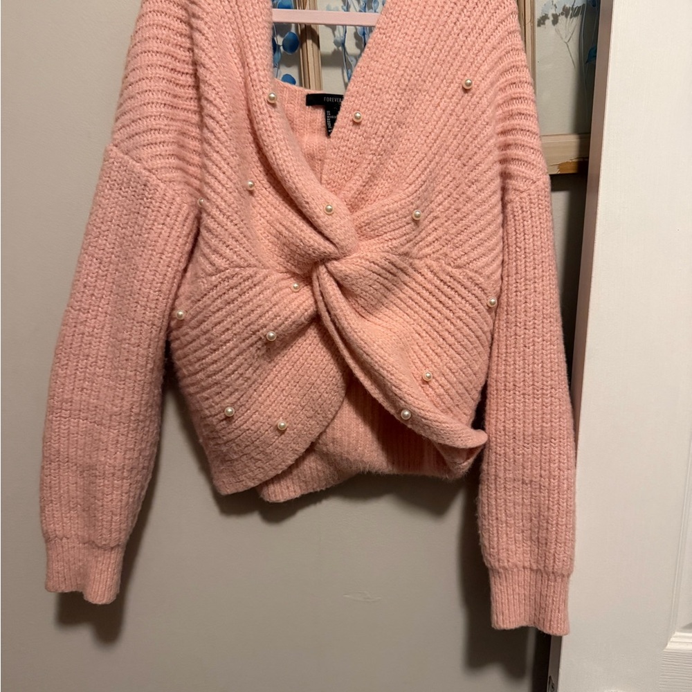 Forever 21 Pink Pearl-Embellished Twist V-Neck Sweater
